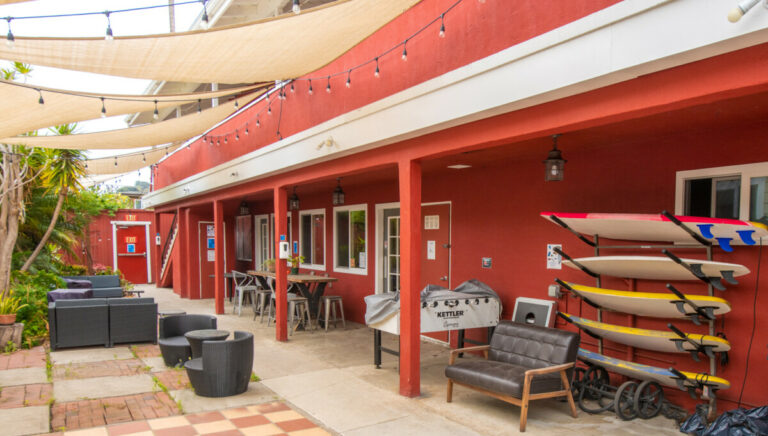 Outdoor patio area in Ocean Beach hostel