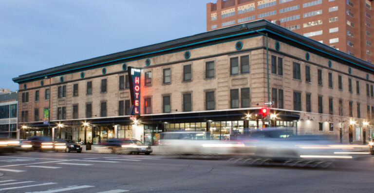 11th Avenue Hostel at dusk.