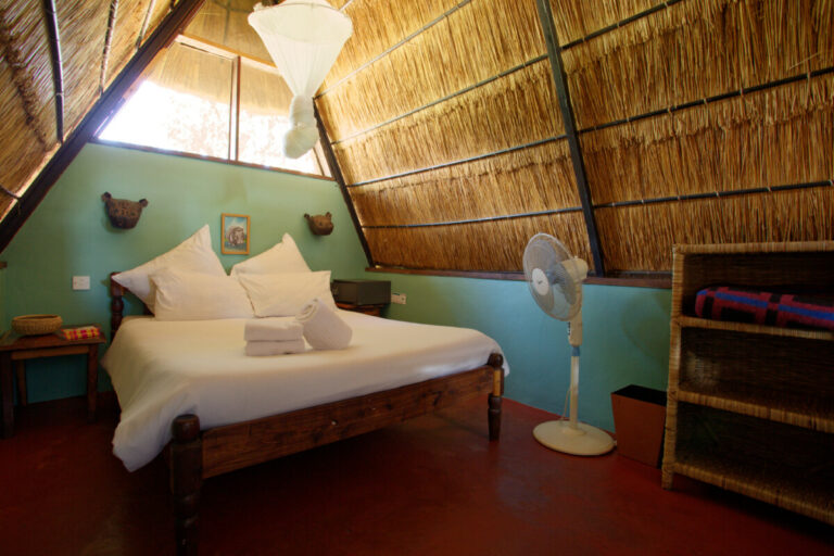 Cute thatched chalets with either a double bed or two single beds